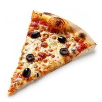 Delicious pizza slice with black olives and melted cheese on white background photo