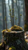 A small plant is growing on top of a stump photo
