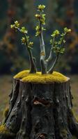 A tree stump with plants growing on it photo