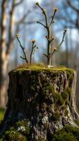 A tree stump with two small plants growing out of it photo