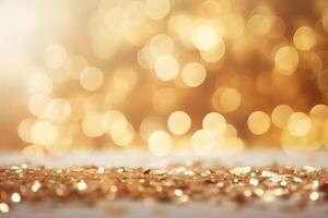Golden confetti glittering on surface with bright bokeh lights background photo