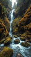 A waterfall flows through a rocky gorge in the rainforest photo