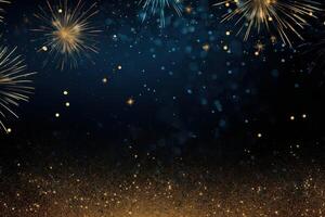 Golden fireworks exploding over a glittering golden surface at night photo
