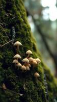 Mushrooms growing on a mossy tree trunk photo