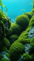 A green algae covered rock wall in the ocean photo