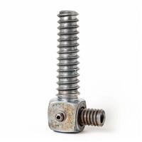 Large metallic lead screw with trapezoidal threads and square nut isolated on white background photo