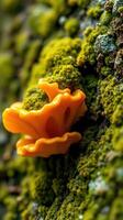 A close up of a mushroom growing on a moss covered rock photo