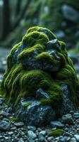 A moss covered rock sitting on the ground photo