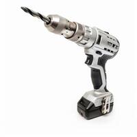 Modern cordless drill with drill bit on white background photo