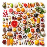 Colorful food variety forming a square on white background photo