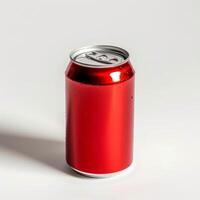 Refreshing red aluminum can with condensation on white background photo