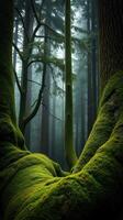 A moss covered tree trunk in a forest photo