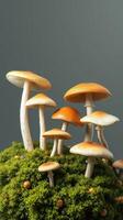 A group of mushrooms on top of a green moss photo