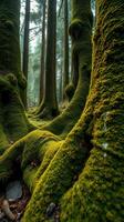 A forest with mossy trees and a bench photo
