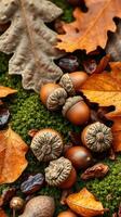 A group of acorns and leaves on a mossy surface photo