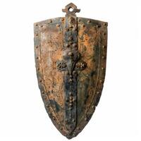 Medieval rusty metal shield hanging on white background photo