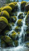 A waterfall flowing over rocks in a green forest photo