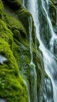 A person standing next to a waterfall with a bird flying over it photo