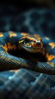 A close up of a snake with black and yellow stripes photo
