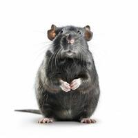 Cute gray rat holding paws and looking up on white background photo