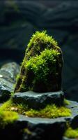 A moss covered rock sitting on top of a rock photo