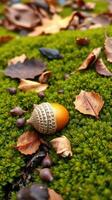 A small orange egg laying on a moss covered ground photo
