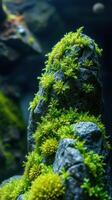 A rock covered in moss and plants in an aquarium photo
