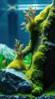 A mossy rock and plants in an aquarium photo