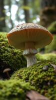 A mushroom on a moss covered ground photo