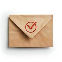 Brown envelope showing red check mark symbol of sending or receiving confirmation photo