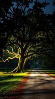 A tree with green leaves and a road in front of it photo