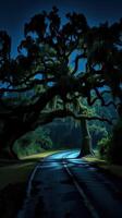 A road under a large tree at night photo