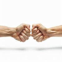 Two hands showing fist bumping gesture against white background photo