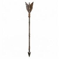 Old wooden arrow with metal tip and feather fletching isolated on white background photo