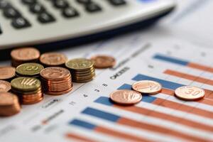 Coins stacked on financial chart showing growth with calculator in background photo