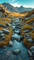 A stream of water flowing through a rocky area photo