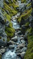 A stream running through a rocky area with grass photo