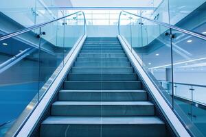 Modern empty escalator leading upwards in blue tones photo