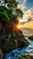 Sunset on the beach with palm trees and rocks photo