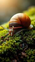 A snail is crawling on top of moss photo
