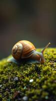 A snail is crawling on top of moss photo