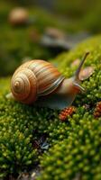 A snail is walking on a moss covered hill photo