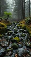 A stream runs through a forest with rocks and trees photo