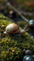 A snail is walking on the moss photo