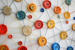 Colorful buttons connected by threads representing network and connection photo