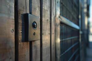 Intercom system button mounted on wooden fence with metal gate photo