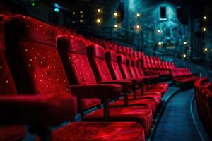 Rows of empty red velvet seats inside a theatre or cinema photo