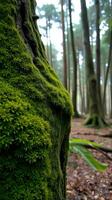 A close up of a tree trunk covered in moss photo