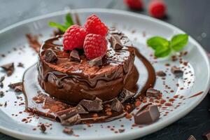 Chocolate lava cake drizzled with chocolate sauce and topped with raspberries photo