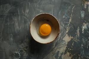 Fresh egg yolk in rustic bowl on dark background for baking or cooking photo